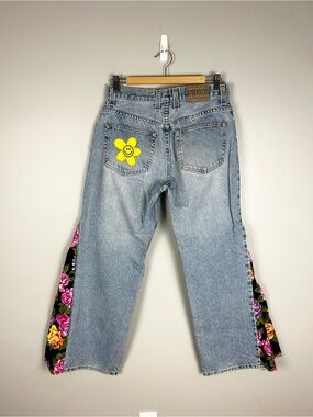 Upcycled Vintage 90s Jeans Sz 8 Floral Boho Bellbottom Flare Hippie Festival